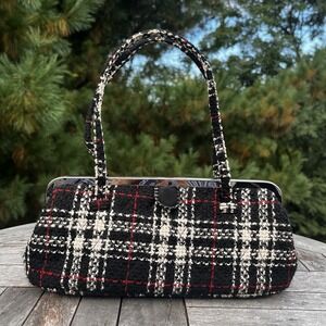 Vera Bradley Clutch Tweed Little Frame Bag Plaid Black White Red Boucle Clean